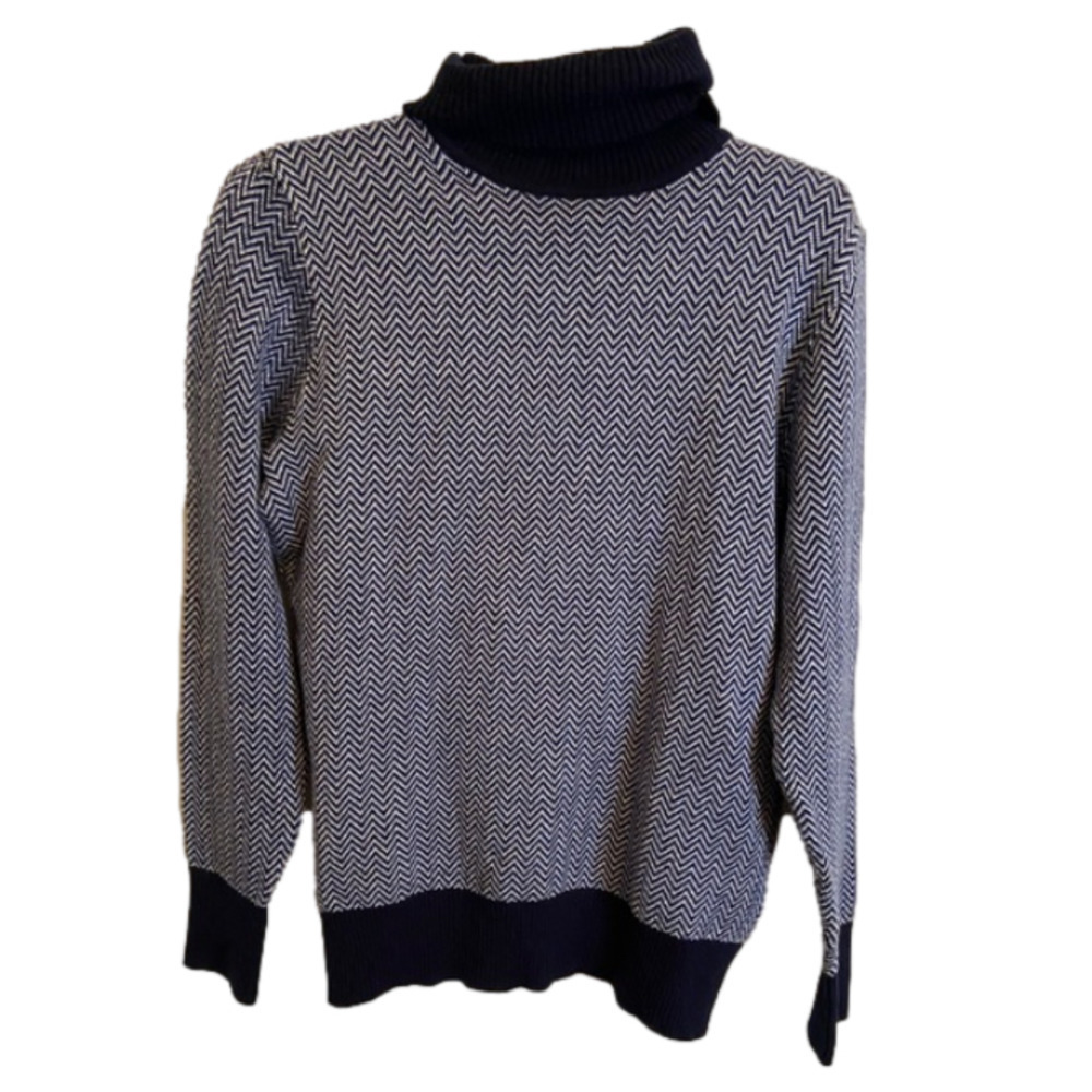 Ll Bean Cotton Cashmere Turtleneck Sweater Herringbone Pattern Blue